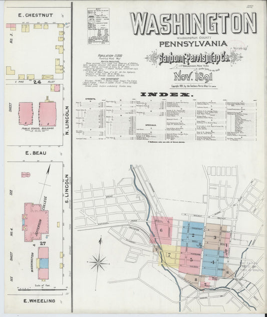 Sanborn Fire Insurance Map from Washington, Washington County, Pennsylvania (1891), Sheet #0001 - Historic Sanborn Fire Insurance Map Print, vintage old map wall art, antique decor, genealogy gift, Sanborn Fire Insurance Map from Washington Washington map