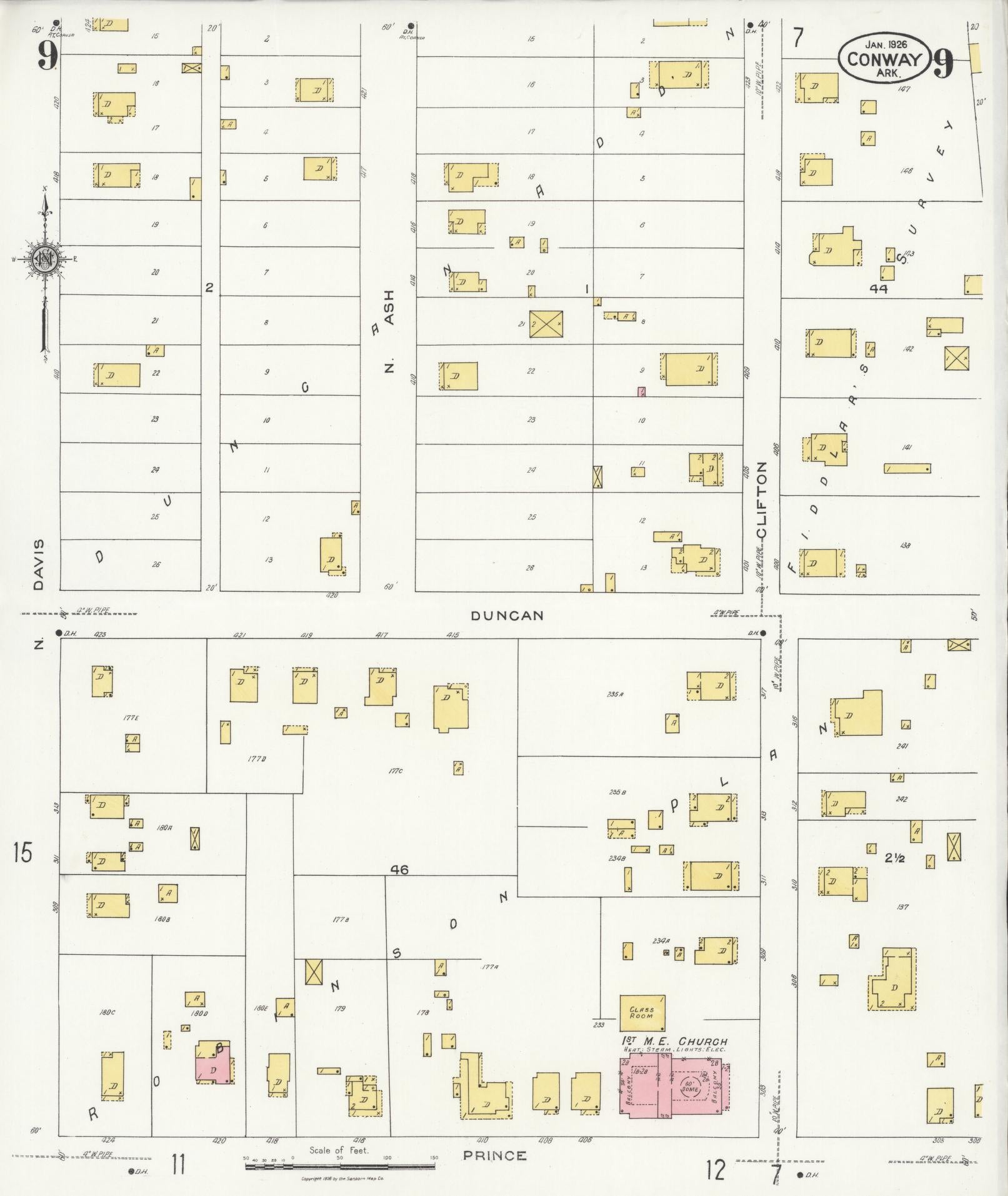 Sanborn Fire Insurance Map from Conway, Faulkner County, Arkansas (1926), Sheet #0009 - Historic Sanborn Fire Insurance Map Print, vintage old map wall art, antique decor, genealogy gift, Arkansas Arkansas map