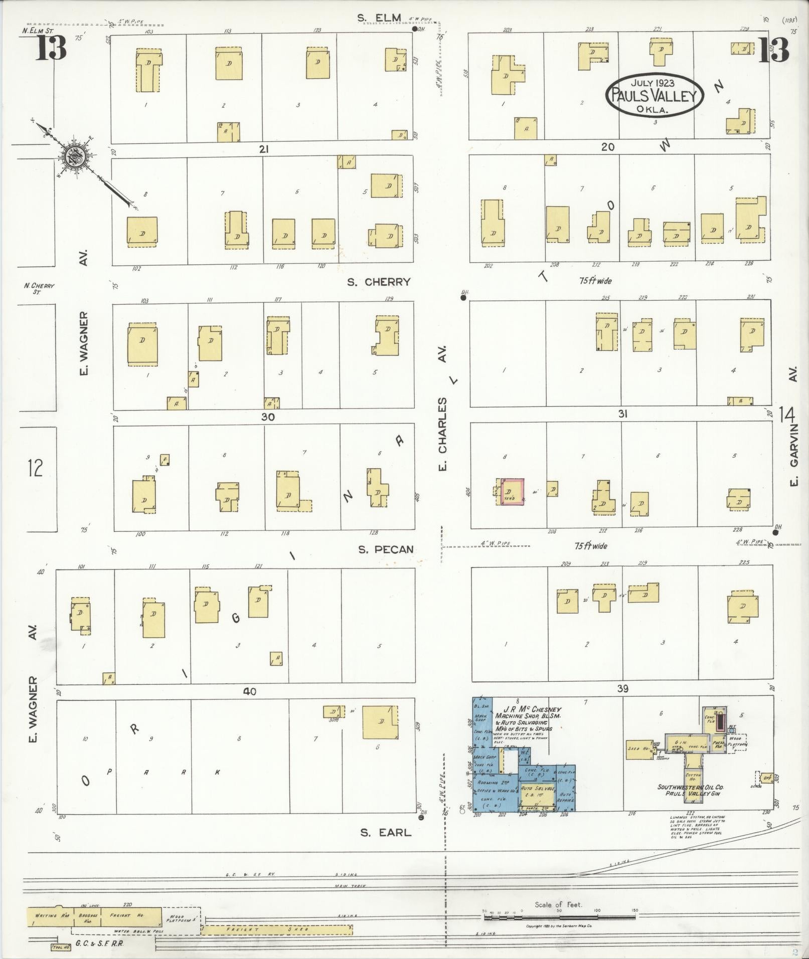 Sanborn Fire Insurance Map from Pauls Valley, Garvin County, Oklahoma (1923), Sheet #0013 - Complete Map Set gallery image, historic Sanborn map, vintage wall art, Oklahoma Oklahoma