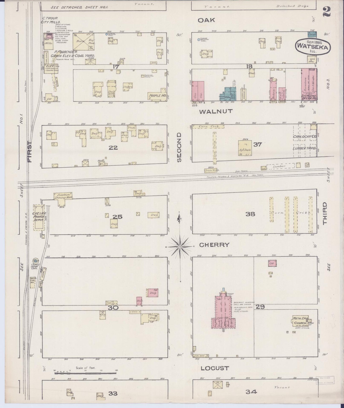 Sanborn Fire Insurance Map from Watseka, Iroquois County, Illinois (1885), Sheet #0002 - Complete Map Set gallery image, historic Sanborn map, vintage wall art, Illinois Illinois