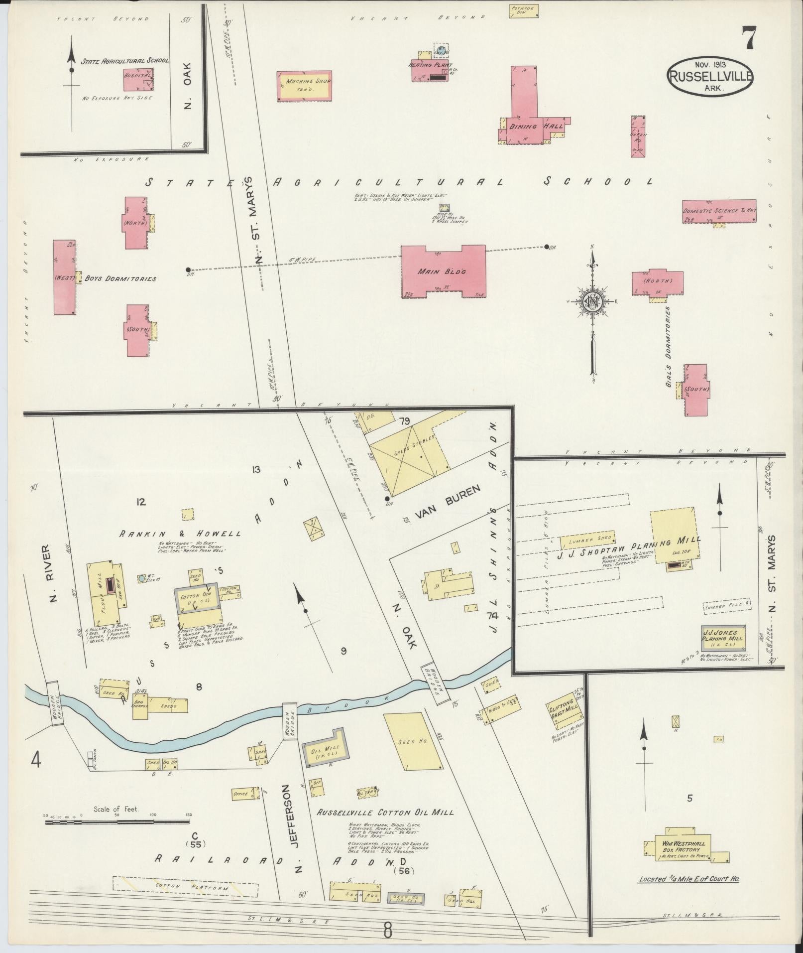 Sanborn Fire Insurance Map from Russellville, Pope County, Arkansas (1913), Sheet #0007 - Historic Sanborn Fire Insurance Map Print, vintage old map wall art, antique decor, genealogy gift, Arkansas Arkansas map