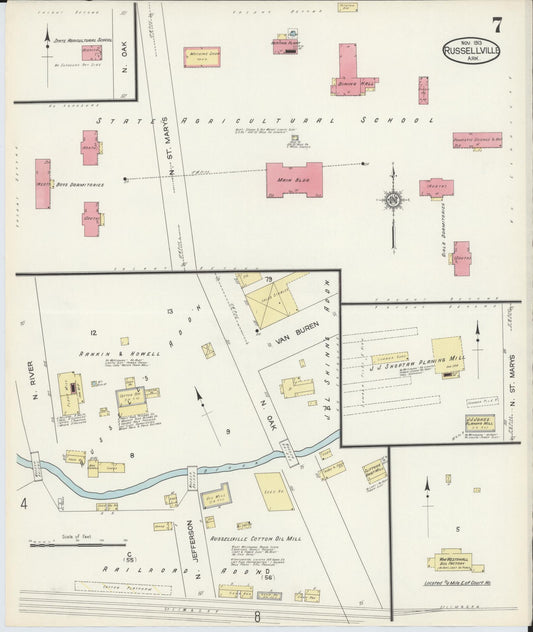 Sanborn Fire Insurance Map from Russellville, Pope County, Arkansas (1913), Sheet #0007 - Historic Sanborn Fire Insurance Map Print, vintage old map wall art, antique decor, genealogy gift, Arkansas Arkansas map