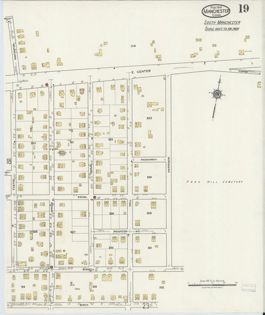 Sanborn Fire Insurance Map from Manchester, Hartford County, Connecticut (1919), Sheet #0019 - Historic Sanborn Fire Insurance Map Print, vintage old map wall art, antique decor, genealogy gift, Connecticut Connecticut map