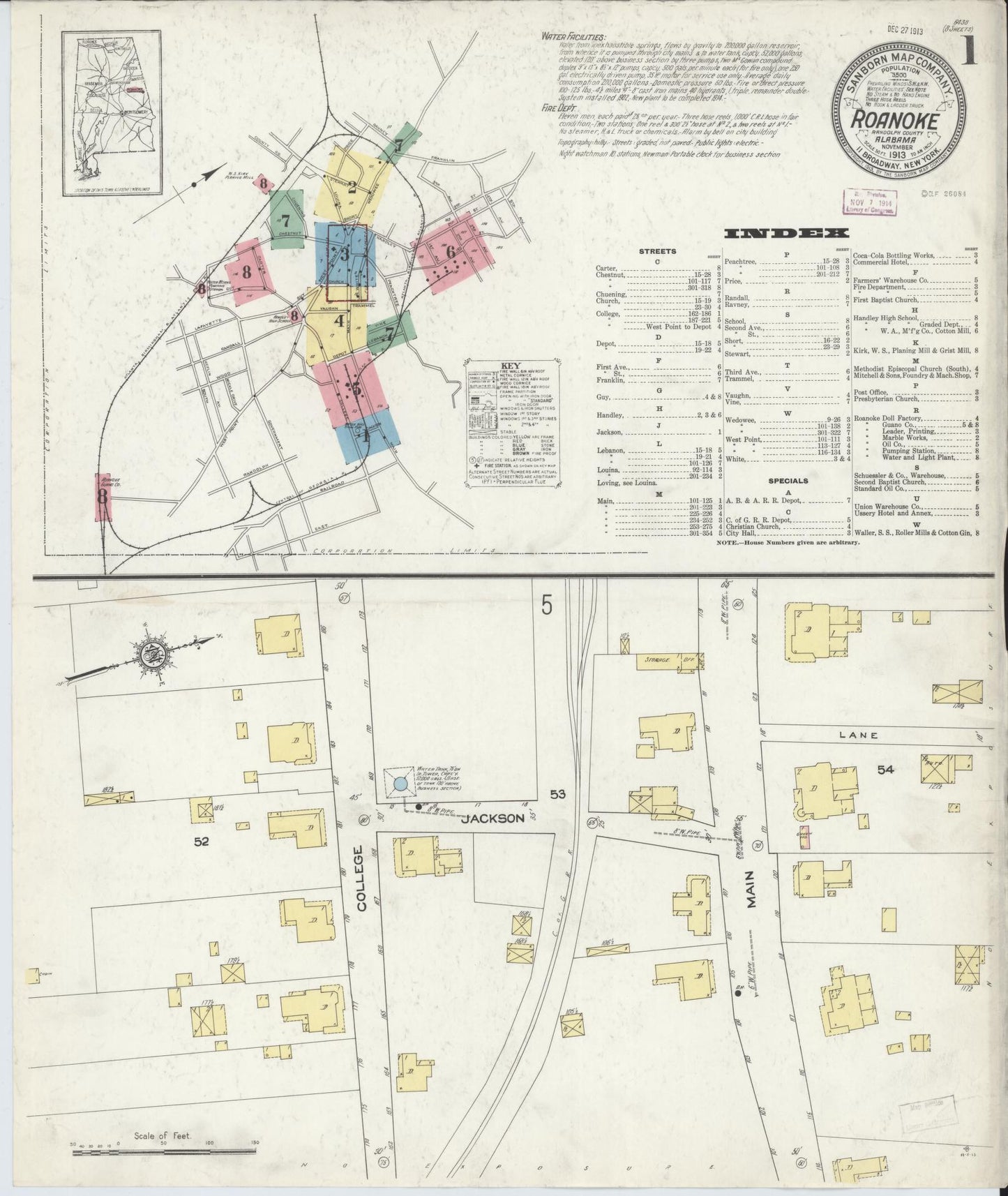 Sanborn Fire Insurance Map from Roanoke, Randolph County, Alabama (1913), Sheet #0001 - Historic Sanborn Fire Insurance Map Print, vintage old map wall art, antique decor, genealogy gift, Alabama Alabama map