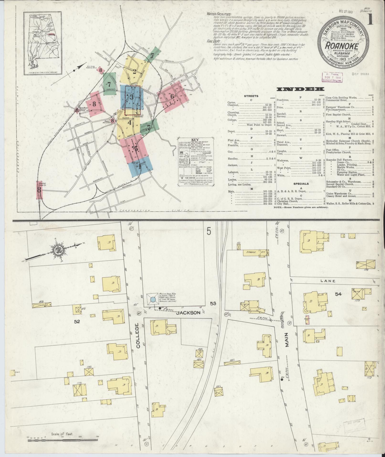 Sanborn Fire Insurance Map from Roanoke, Randolph County, Alabama (1913), Sheet #0001 - Historic Sanborn Fire Insurance Map Print, vintage old map wall art, antique decor, genealogy gift, Alabama Alabama map