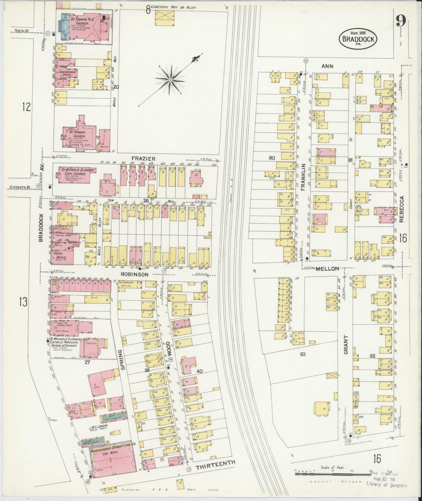 Sanborn Fire Insurance Map from Braddock, Allegheny County, Pennsylvania (1908), Sheet #0009 - Historic Sanborn Fire Insurance Map Print, vintage old map wall art, antique decor, genealogy gift, Pennsylvania Pennsylvania map