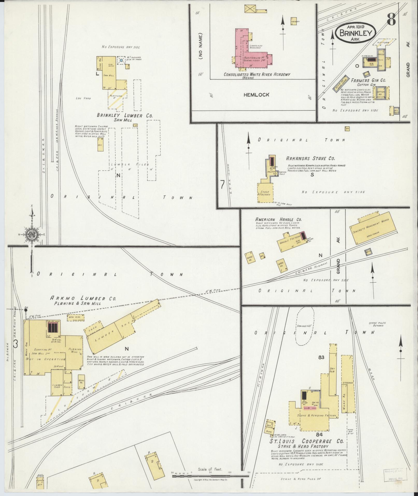 Sanborn Fire Insurance Map from Brinkley, Monroe County, Arkansas (1919), Sheet #0008 - Complete Map Set gallery image, historic Sanborn map, vintage wall art, Arkansas Arkansas
