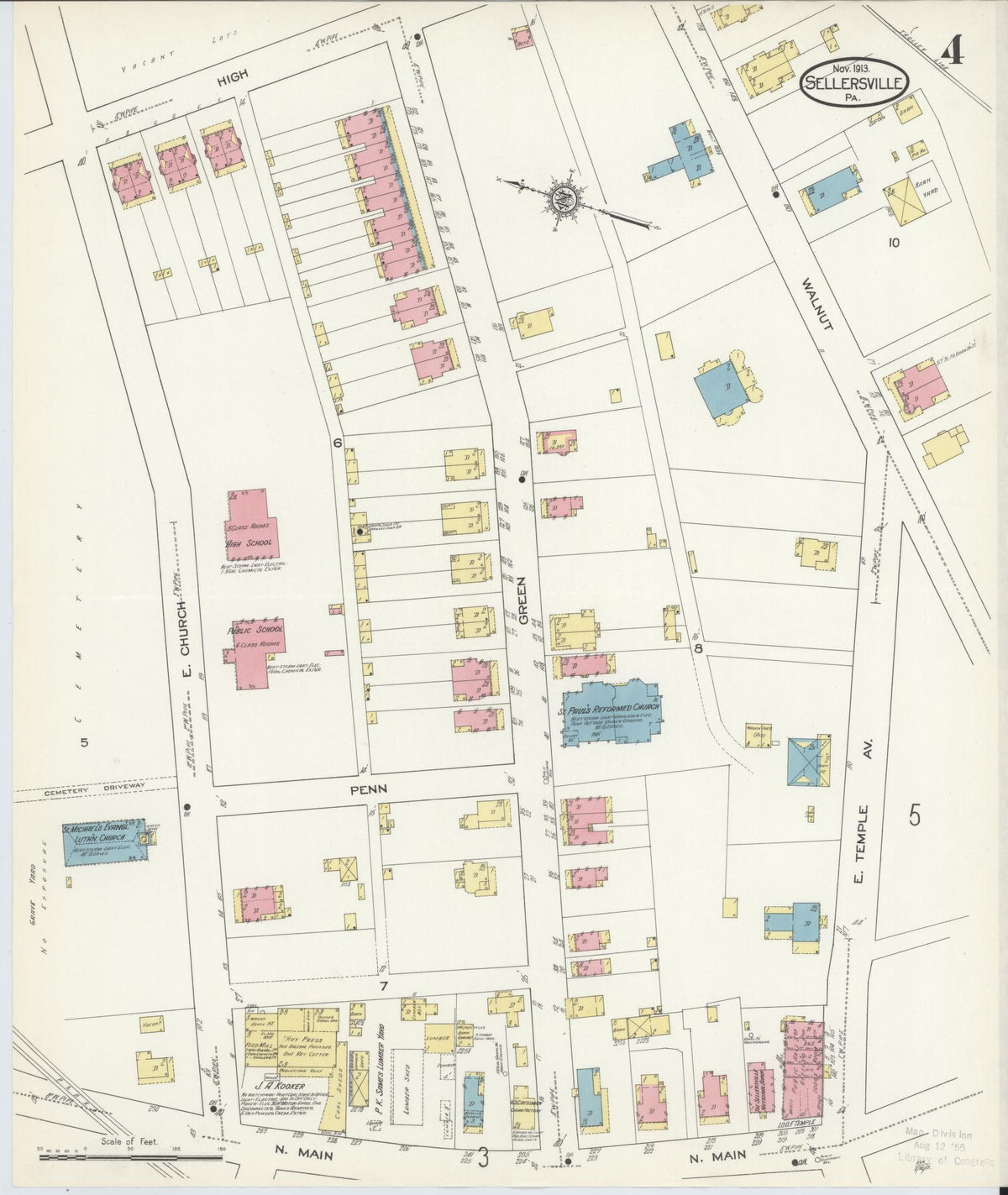 Sanborn Fire Insurance Map from Sellersville, Bucks County, Pennsylvania (1913), Sheet #0004 - Historic Sanborn Fire Insurance Map Print, vintage old map wall art, antique decor, genealogy gift, Pennsylvania Pennsylvania map