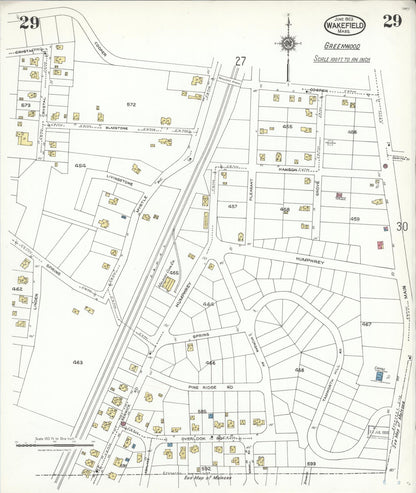 Sanborn Fire Insurance Map from Wakefield, Middlesex County, Massachusetts (1923), Sheet #0029 - Historic Sanborn Fire Insurance Map Print, vintage old map wall art, antique decor, genealogy gift, Massachusetts Massachusetts map
