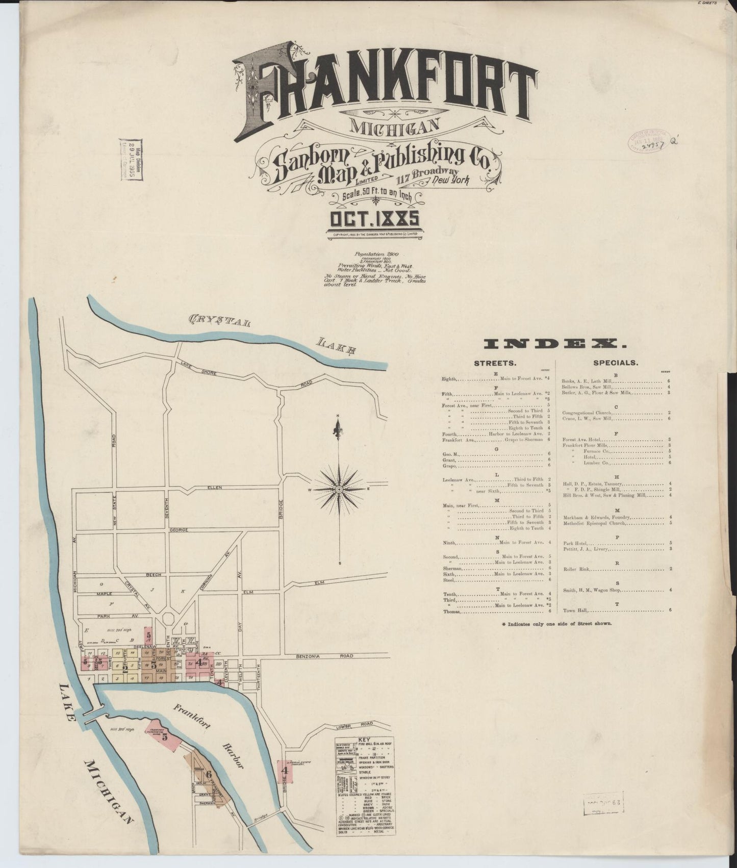 Sanborn Fire Insurance Map from Frankfort, Benzie County, Michigan (1885), Sheet #0001 - Historic Sanborn Fire Insurance Map Print, vintage old map wall art, antique decor, genealogy gift, Michigan Michigan map