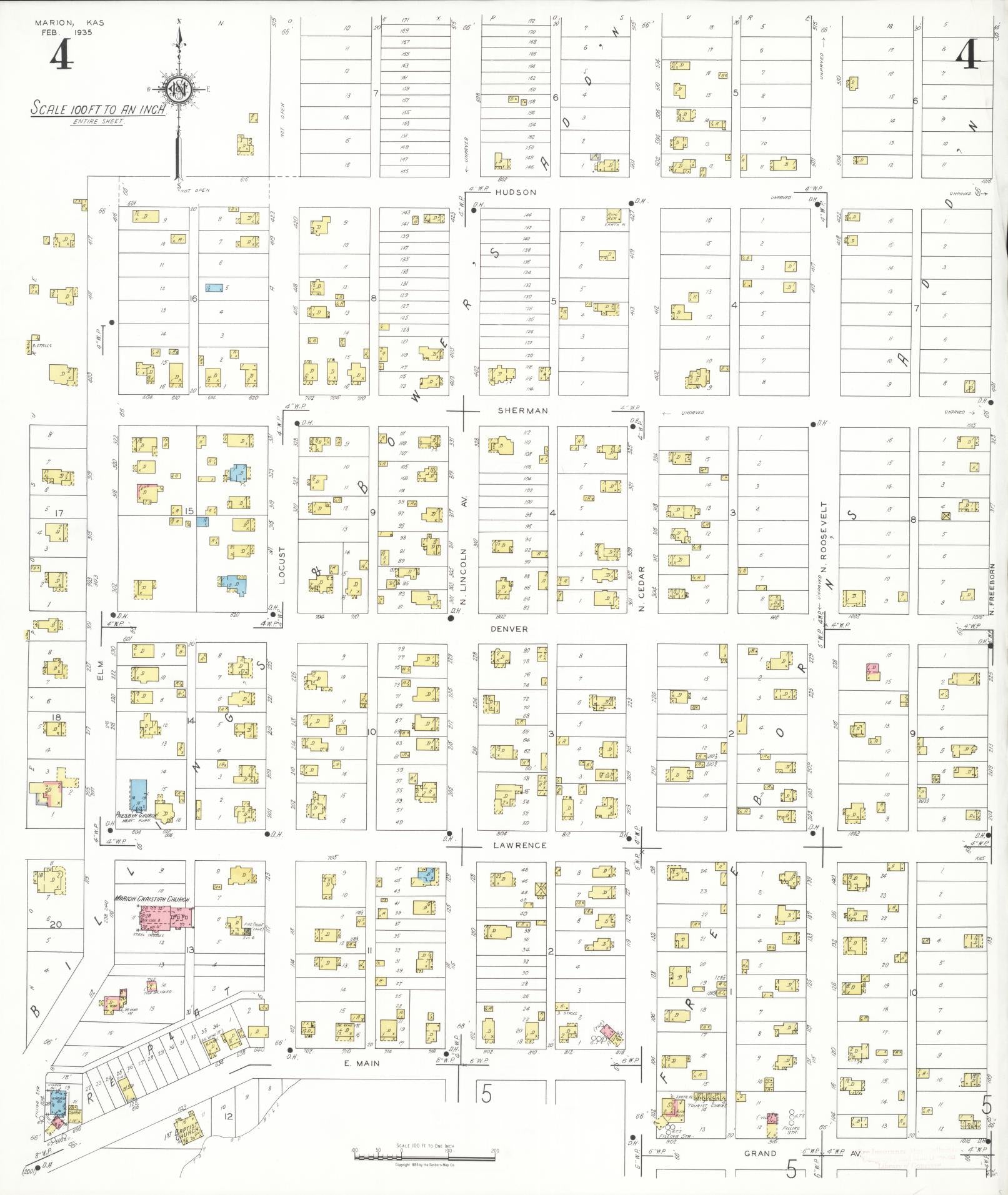 Sanborn Fire Insurance Map from Marion, Marion County, Kansas (1935), Sheet #0004 - Historic Sanborn Fire Insurance Map Print, vintage old map wall art, antique decor, genealogy gift, Kansas Kansas map