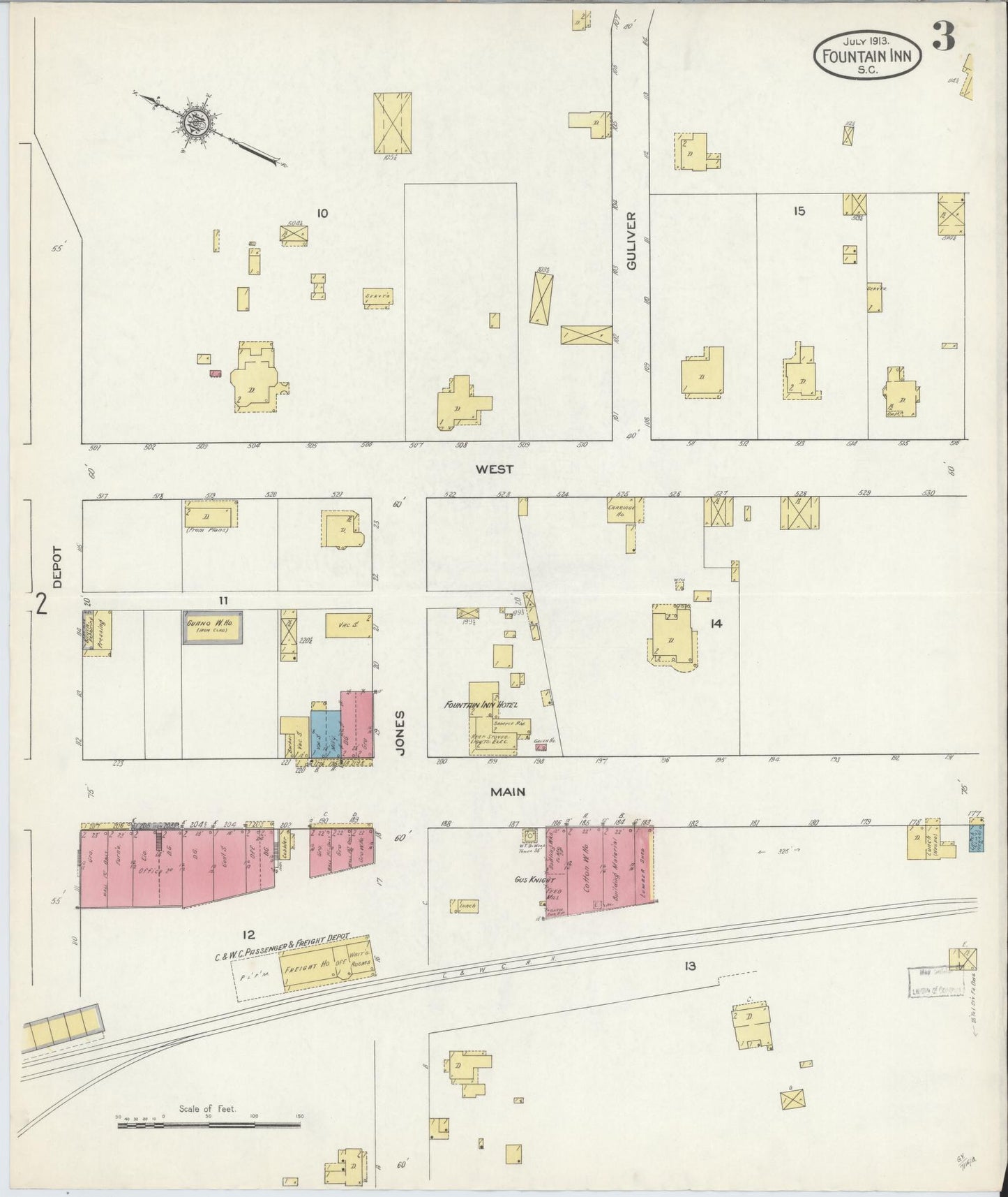 Sanborn Fire Insurance Map from Fountain Inn, Greenville And Laurens County, South Carolina (1913), Sheet #0003 - Complete Map Set gallery image, historic Sanborn map, vintage wall art, South Carolina South Carolina