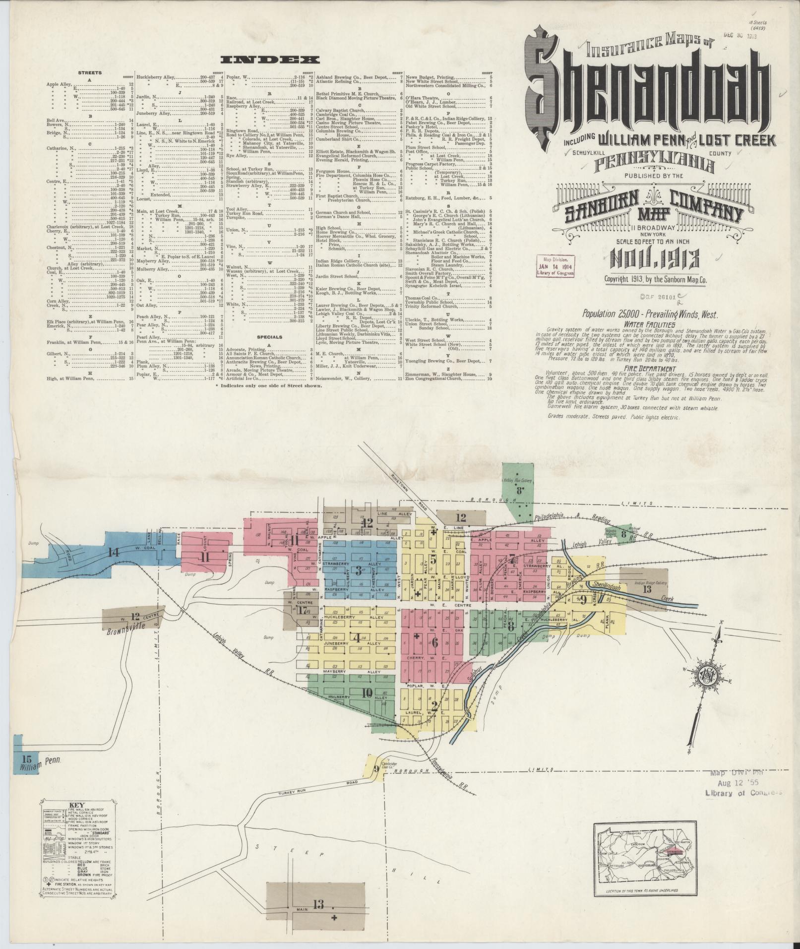 Sanborn Fire Insurance Map from Shenandoah, Schuylkill County, Pennsylvania (1913), Sheet #0001 - Complete Map Set gallery image, historic Sanborn map, vintage wall art, Pennsylvania Pennsylvania