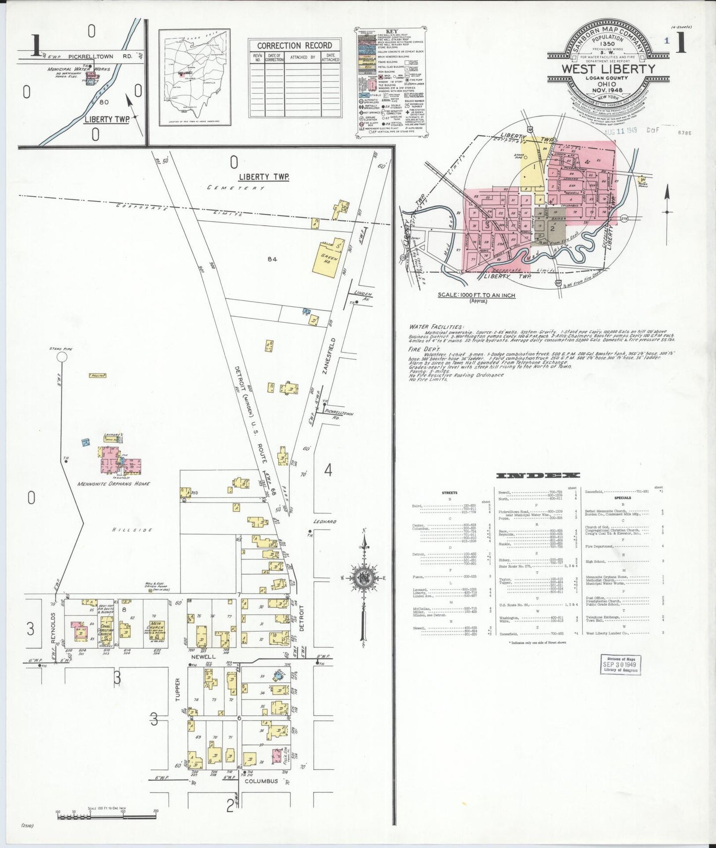 Sanborn Fire Insurance Map from West Liberty, Logan County, Ohio (1948), Sheet #0001 - Complete Map Set gallery image, historic Sanborn map, vintage wall art, Ohio Ohio