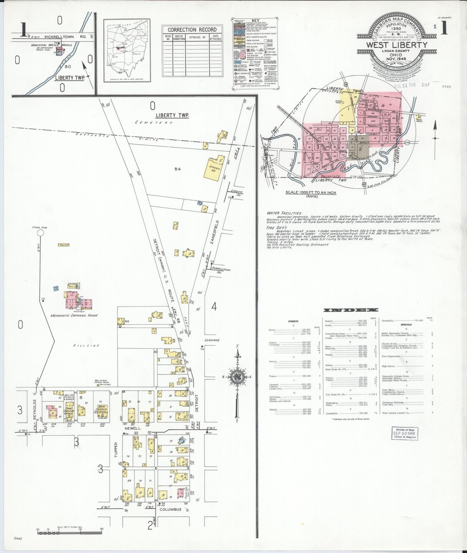 Sanborn Fire Insurance Map from West Liberty, Logan County, Ohio (1948), Sheet #0001 - Complete Map Set gallery image, historic Sanborn map, vintage wall art, Ohio Ohio