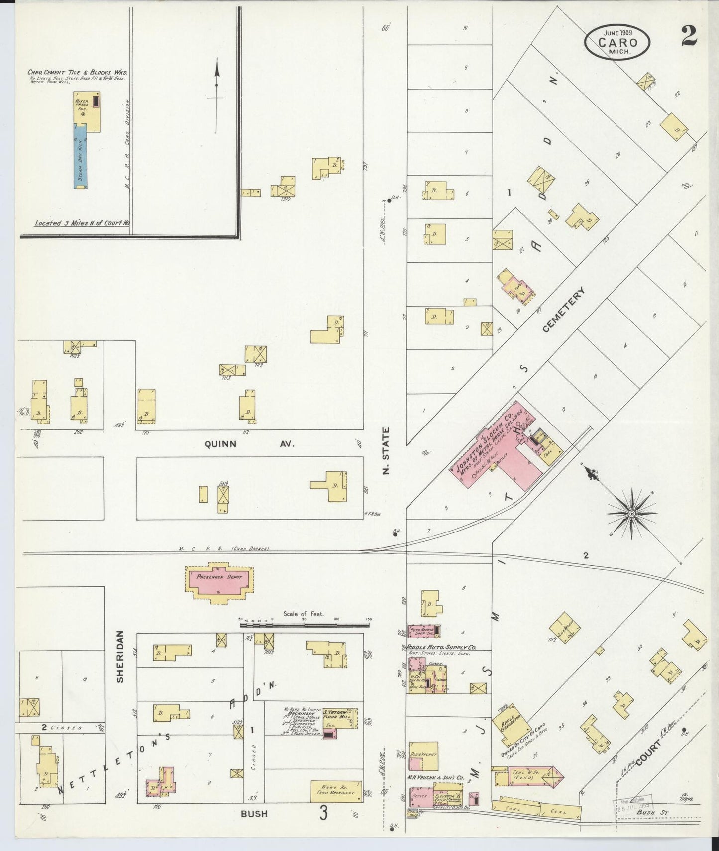 Sanborn Fire Insurance Map from Caro, Tuscola County, Michigan (1909), Sheet #0002 - Complete Map Set gallery image, historic Sanborn map, vintage wall art, Michigan Michigan