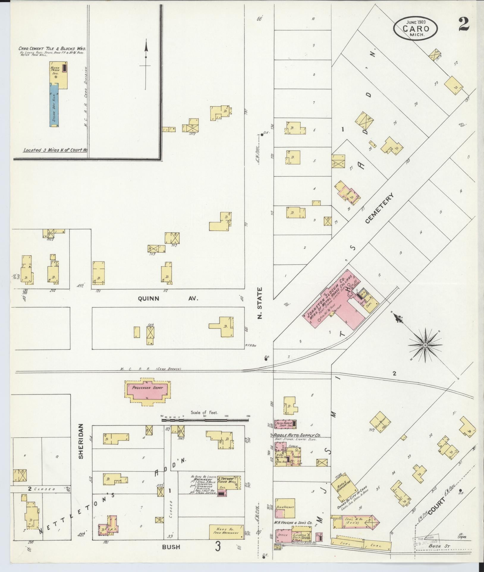 Sanborn Fire Insurance Map from Caro, Tuscola County, Michigan (1909), Sheet #0002 - Complete Map Set gallery image, historic Sanborn map, vintage wall art, Michigan Michigan