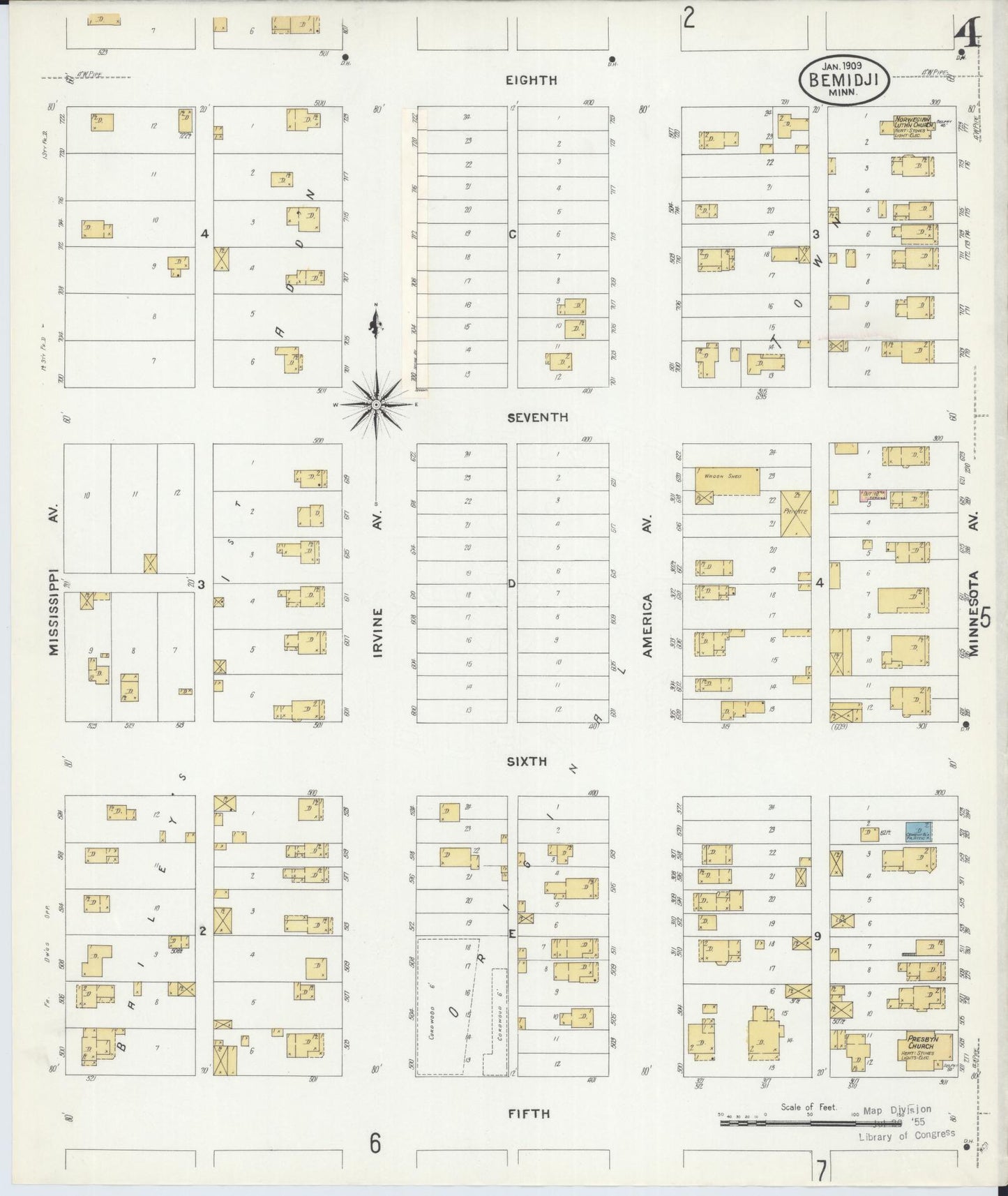 Sanborn Fire Insurance Map from Bemidji, Beltrami County, Minnesota (1909), Sheet #0004 - Historic Sanborn Fire Insurance Map Print, vintage old map wall art, antique decor, genealogy gift, Minnesota Minnesota map