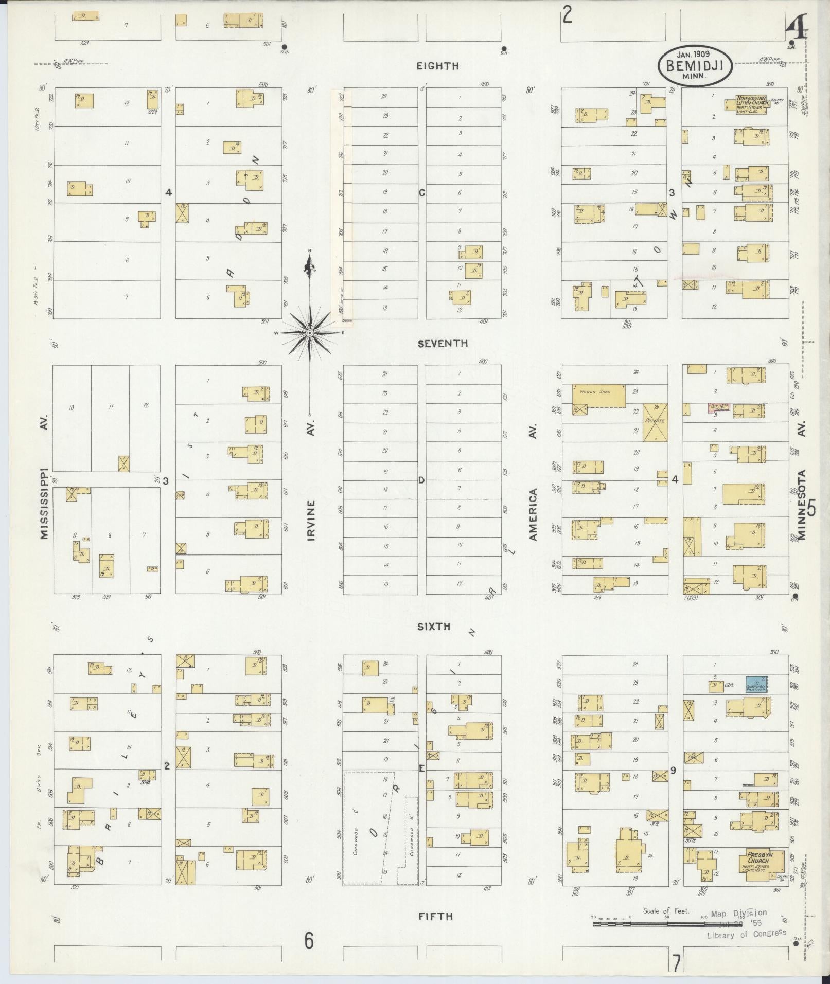 Sanborn Fire Insurance Map from Bemidji, Beltrami County, Minnesota (1909), Sheet #0004 - Historic Sanborn Fire Insurance Map Print, vintage old map wall art, antique decor, genealogy gift, Minnesota Minnesota map