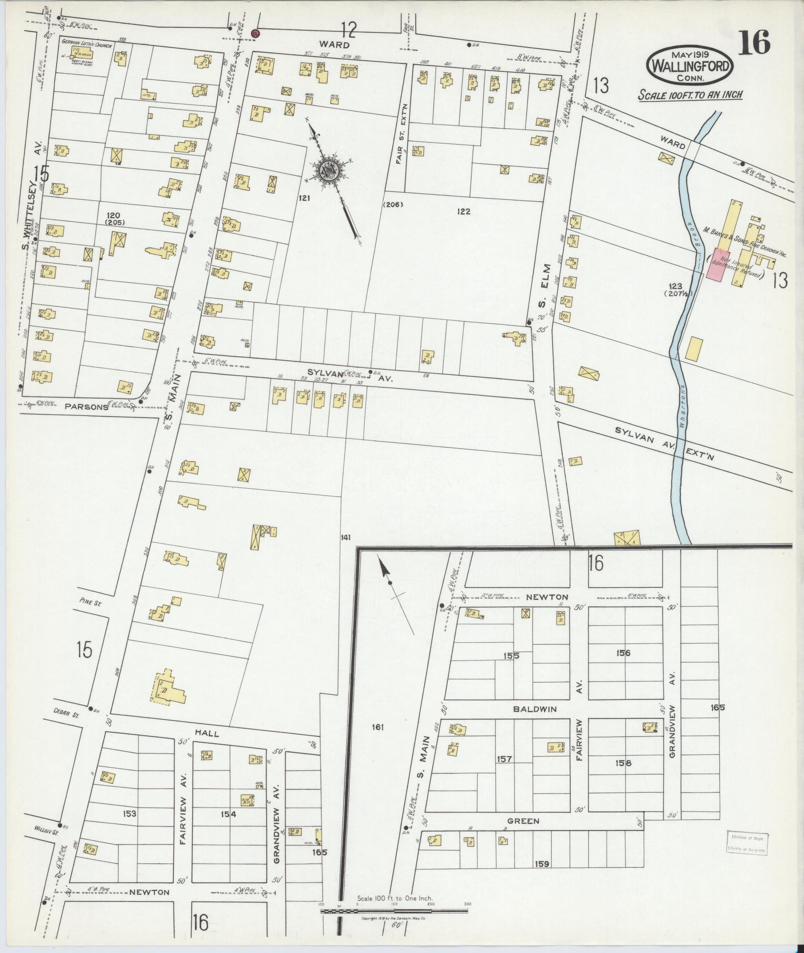 Sanborn Fire Insurance Map from Wallingford, New Haven County, Connecticut (1919), Sheet #0016 - Historic Sanborn Fire Insurance Map Print, vintage old map wall art, antique decor, genealogy gift, Connecticut Connecticut map