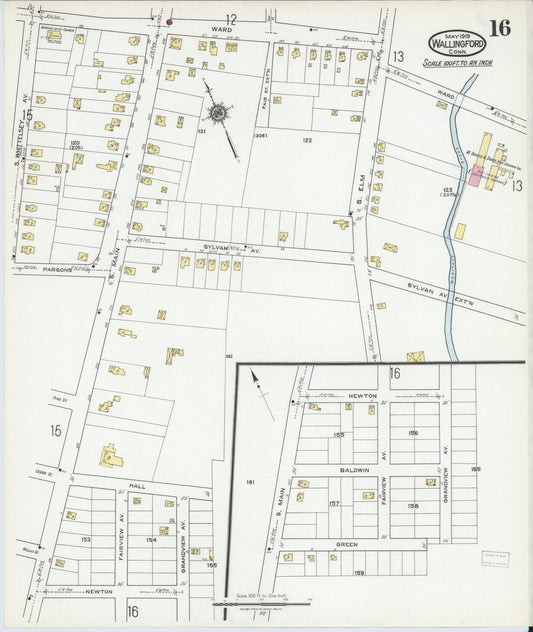 Sanborn Fire Insurance Map from Wallingford, New Haven County, Connecticut (1919), Sheet #0016 - Historic Sanborn Fire Insurance Map Print, vintage old map wall art, antique decor, genealogy gift, Connecticut Connecticut map