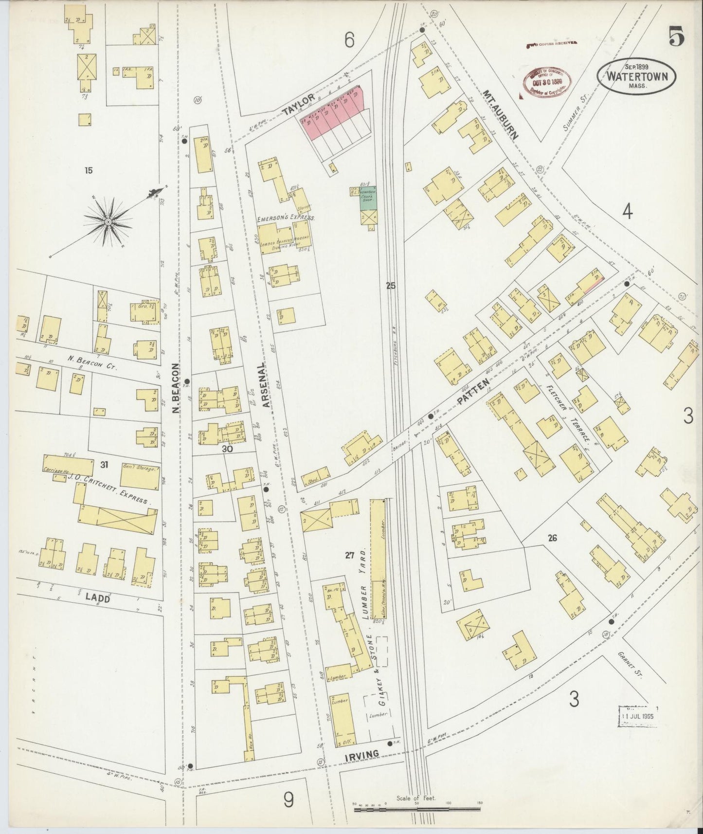 Sanborn Fire Insurance Map from Watertown, Middlesex County, Massachusetts (1899), Sheet #0005 - Historic Sanborn Fire Insurance Map Print, vintage old map wall art, antique decor, genealogy gift, Massachusetts Massachusetts map