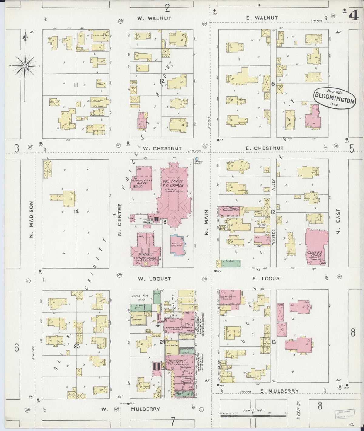 Sanborn Fire Insurance Map from Bloomington, McLean County, Illinois (1896), Sheet #0004 - Complete Map Set gallery image, historic Sanborn map, vintage wall art, Illinois Illinois
