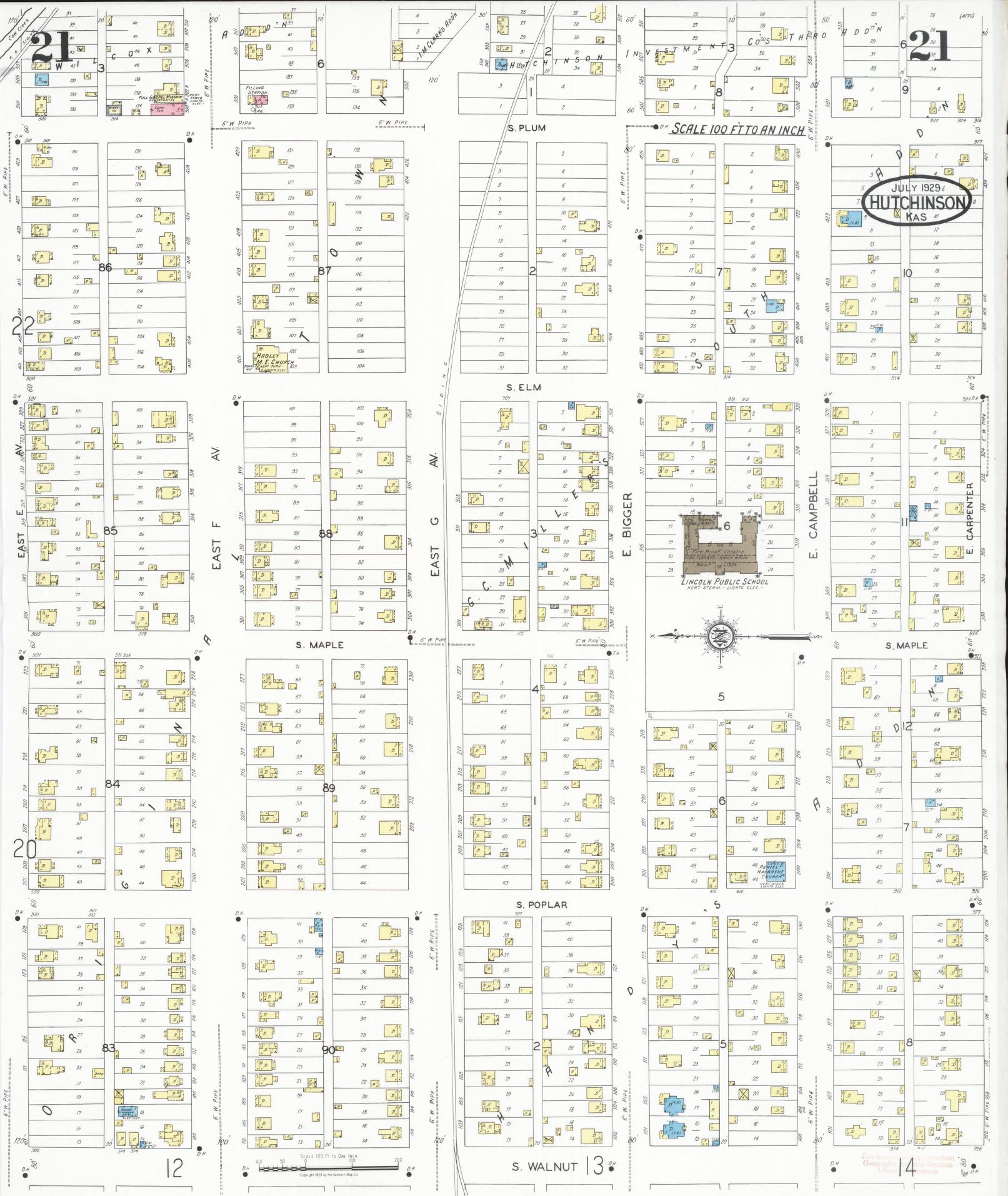 Sanborn Fire Insurance Map from Hutchinson, Reno County, Kansas (1929), Sheet #0022 - Complete Map Set gallery image, historic Sanborn map, vintage wall art, Kansas Kansas