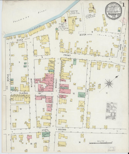 Sanborn Fire Insurance Map from Pocomoke City, Worcester County, Maryland (1895), Sheet #0001 - Historic Sanborn Fire Insurance Map Print, vintage old map wall art, antique decor, genealogy gift, Maryland Maryland map