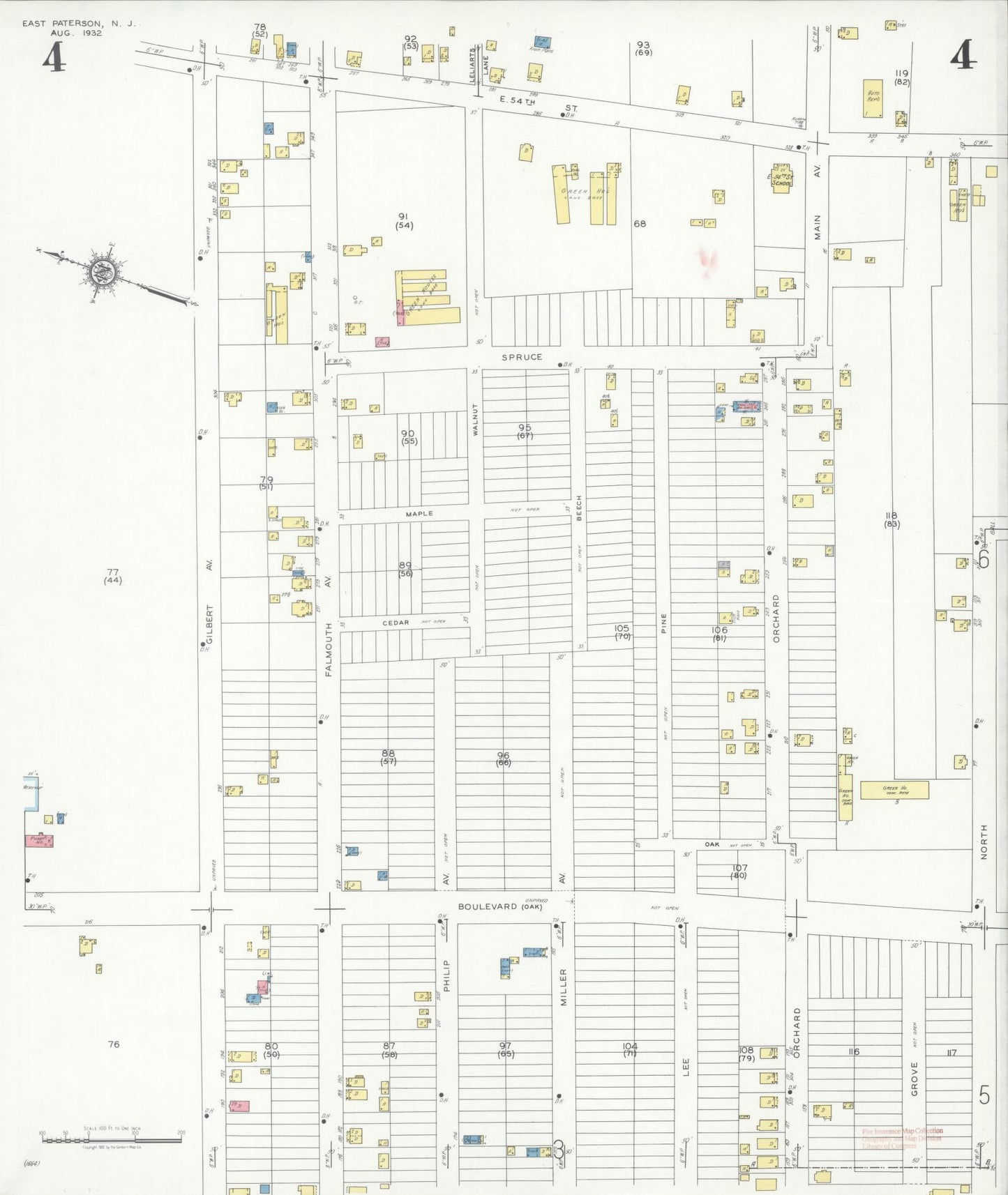 Sanborn Fire Insurance Map from East Paterson, Bergen County, New Jersey (1932), Sheet #0004 - Historic Sanborn Fire Insurance Map Print, vintage old map wall art, antique decor, genealogy gift, New Jersey New Jersey map