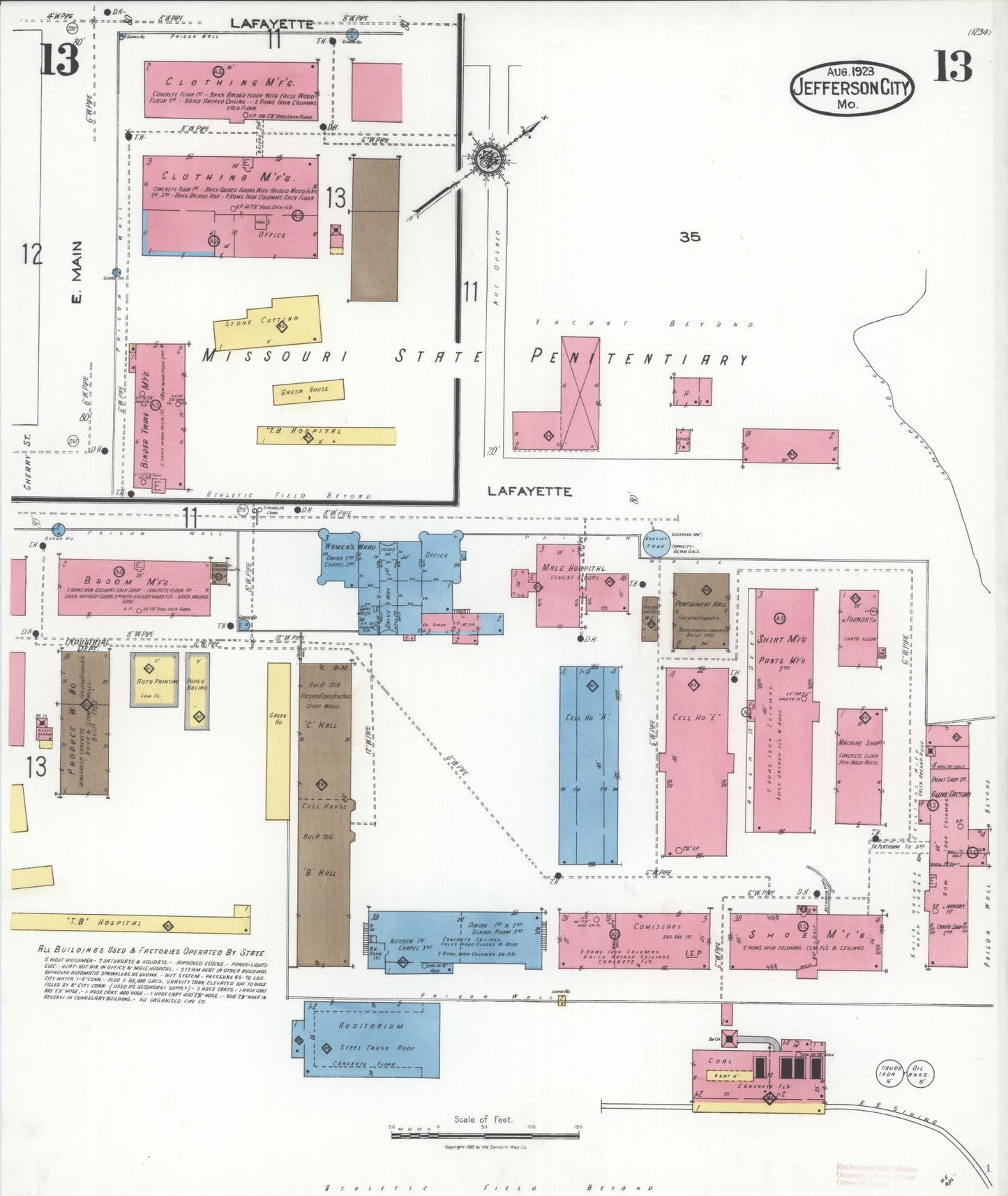 Sanborn Fire Insurance Map from Jefferson City, Cole County, Missouri (1923), Sheet #0013 - Historic Sanborn Fire Insurance Map Print, vintage old map wall art, antique decor, genealogy gift, Missouri Missouri map
