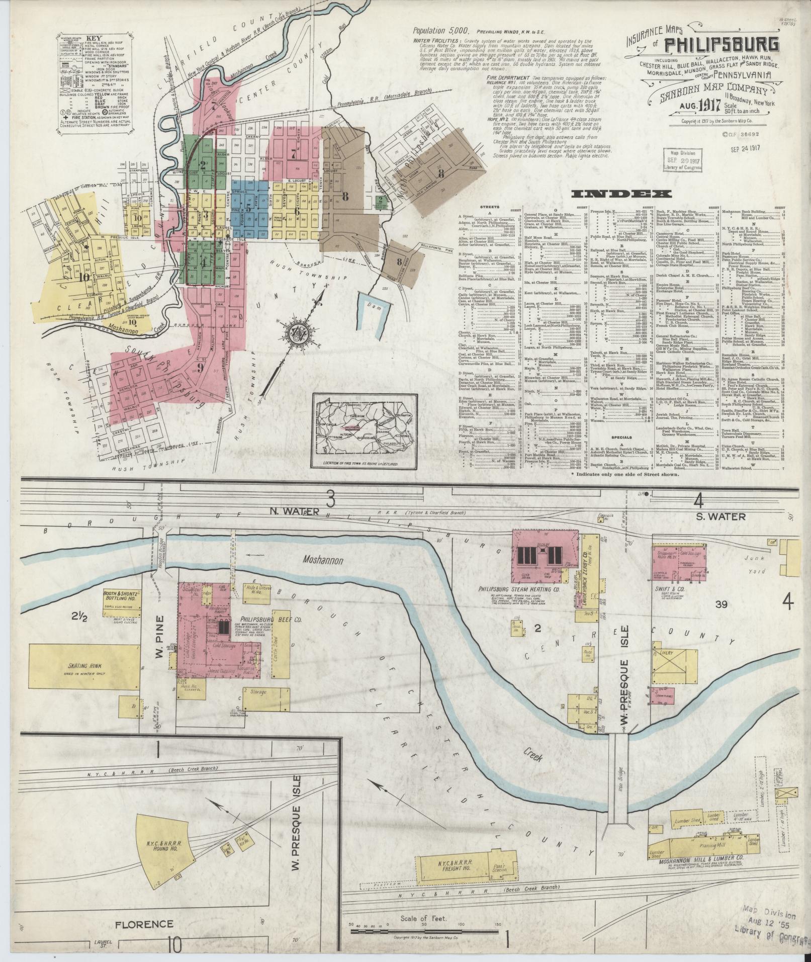 Sanborn Fire Insurance Map from Philipsburg, Centre County, Pennsylvania (1917), Sheet #0001 - Historic Sanborn Fire Insurance Map Print, vintage old map wall art, antique decor, genealogy gift, Pennsylvania Pennsylvania map