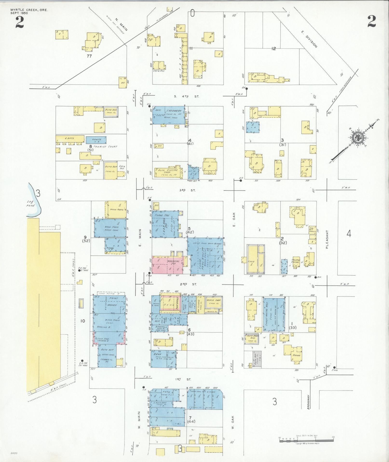 Sanborn Fire Insurance Map from Myrtle Creek, Douglas County, Oregon (1950), Sheet #0002 - Historic Sanborn Fire Insurance Map Print, vintage old map wall art, antique decor, genealogy gift, Oregon Oregon map