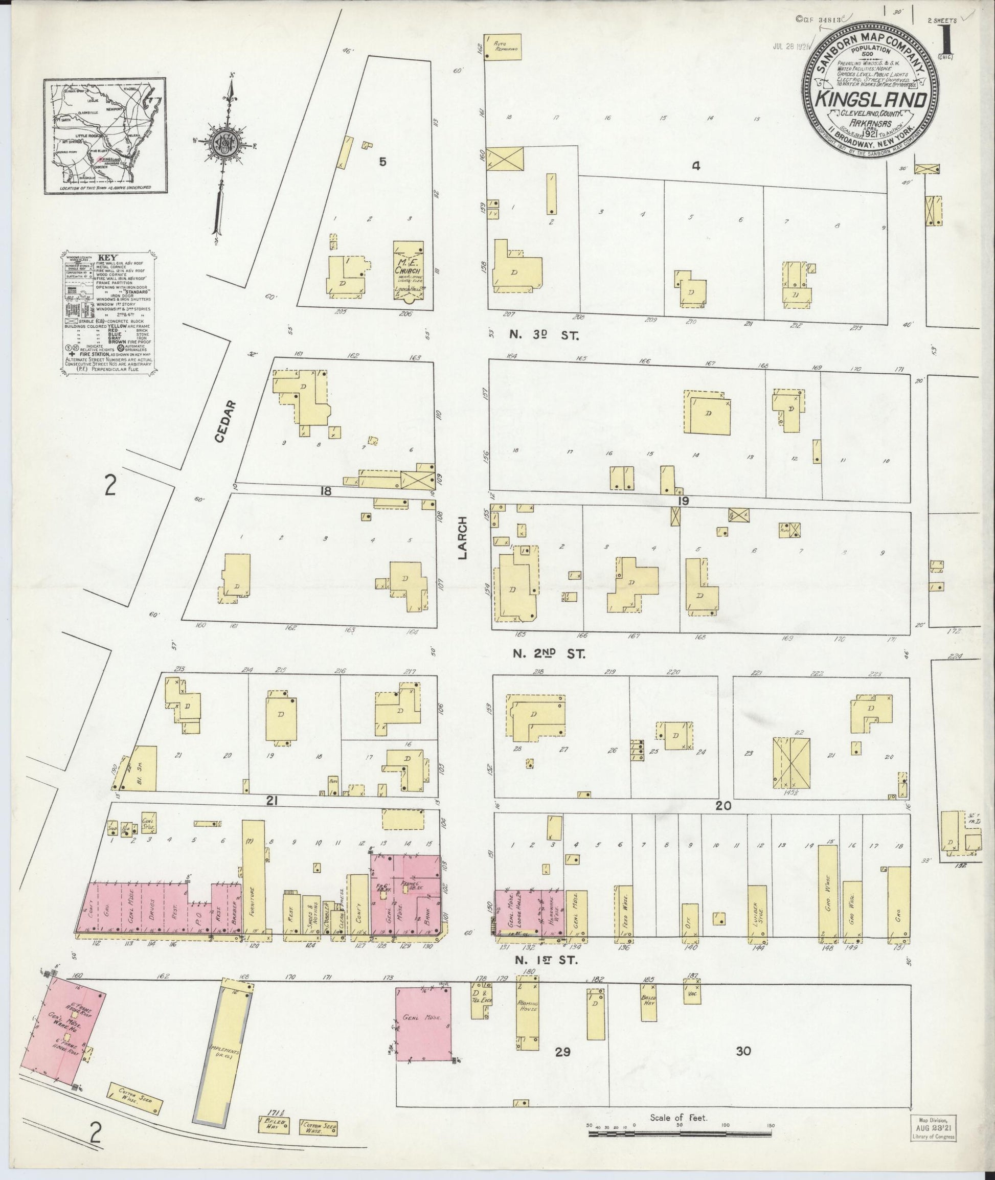 Sanborn Fire Insurance Map from Kingsland, Cleveland County, Arkansas (1921), Sheet #0001 - Complete Map Set gallery image, historic Sanborn map, vintage wall art, Arkansas Arkansas