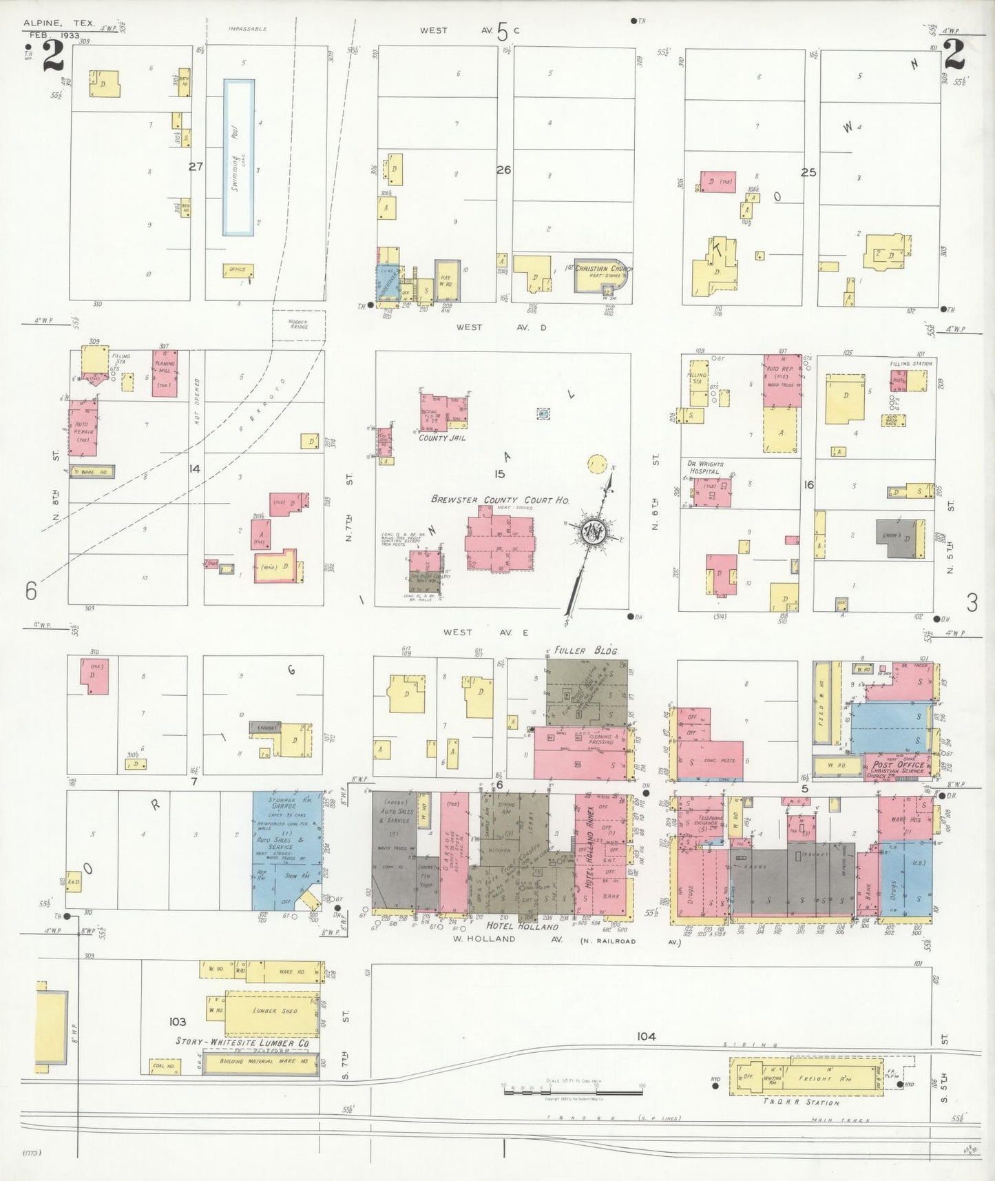 Sanborn Fire Insurance Map from Alpine, Brewster County, Texas (1933), Sheet #0002 - Historic Sanborn Fire Insurance Map Print, vintage old map wall art, antique decor, genealogy gift, Texas Texas map