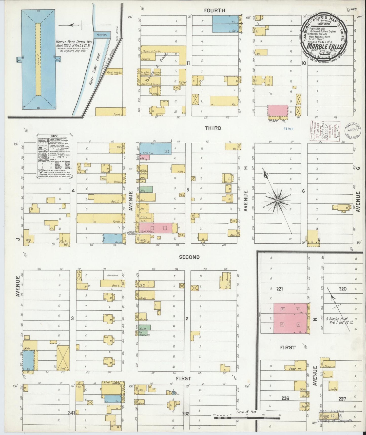 Sanborn Fire Insurance Map from Marble Falls, Burnet County, Texas (1900), Sheet #0001 - Historic Sanborn Fire Insurance Map Print, vintage old map wall art, antique decor, genealogy gift, Texas Texas map
