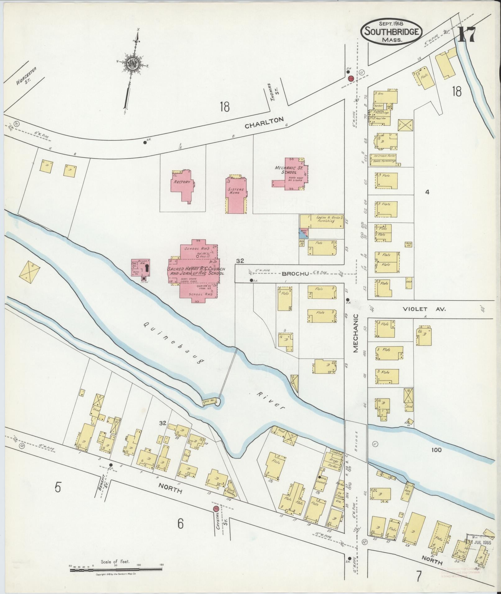 Sanborn Fire Insurance Map from Southbridge, Worcester County, Massachusetts (1918), Sheet #0017 - Historic Sanborn Fire Insurance Map Print, vintage old map wall art, antique decor, genealogy gift, Massachusetts Massachusetts map