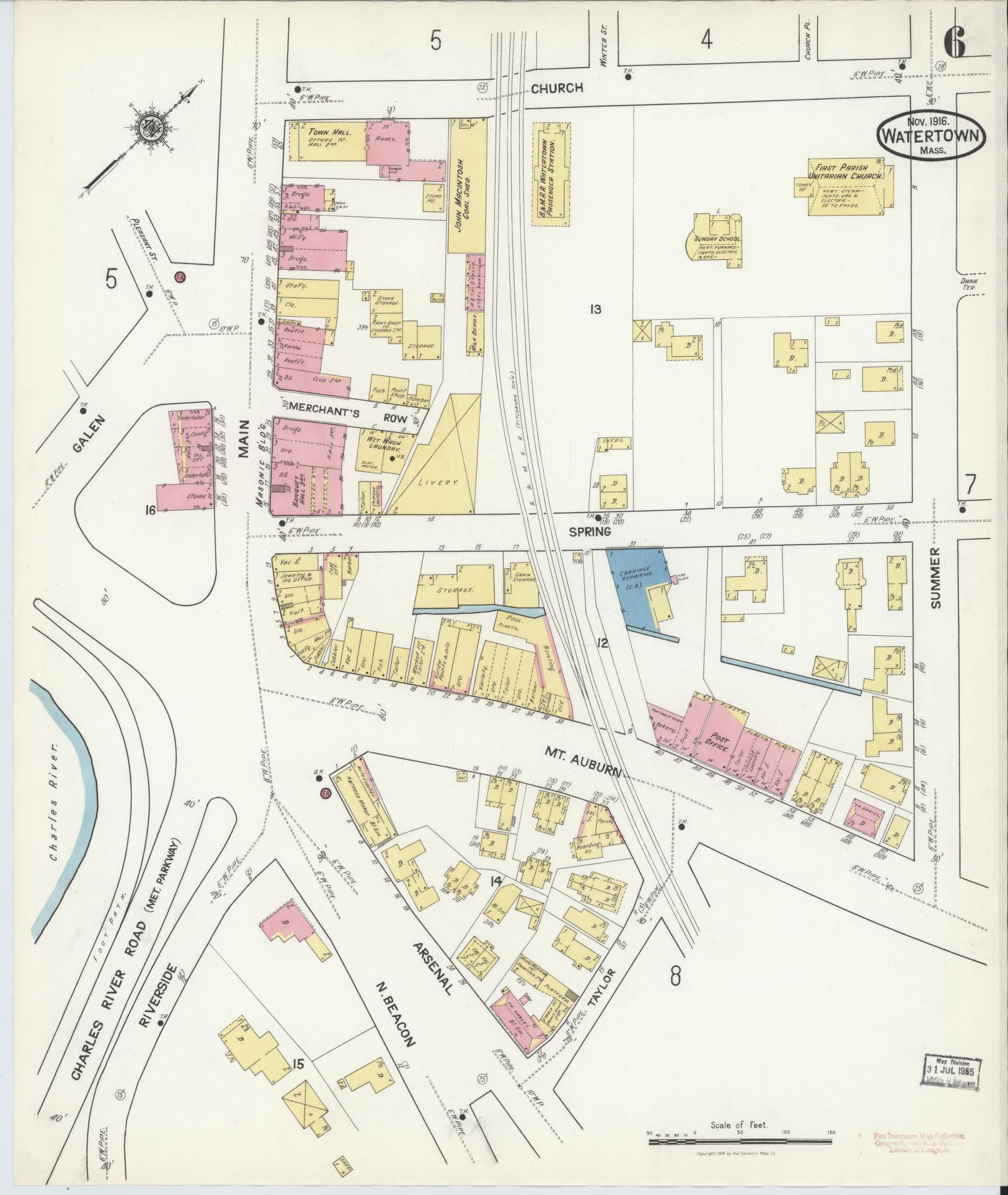 Sanborn Fire Insurance Map from Watertown, Middlesex County, Massachusetts (1916), Sheet #0006 - Historic Sanborn Fire Insurance Map Print, vintage old map wall art, antique decor, genealogy gift, Massachusetts Massachusetts map