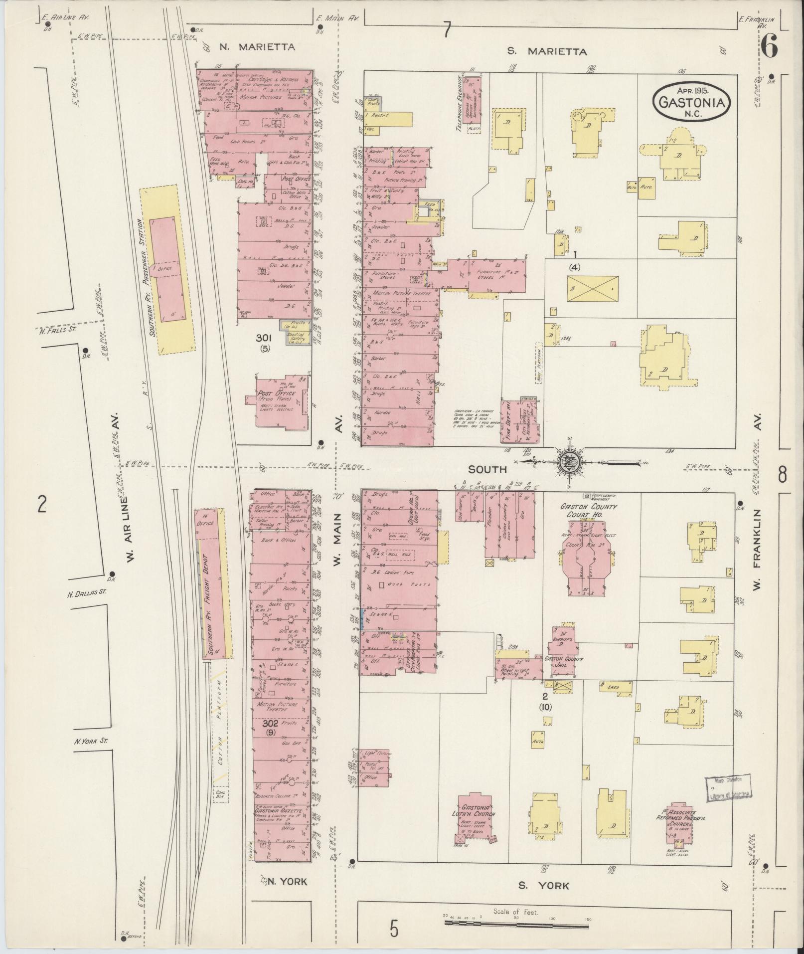 Sanborn Fire Insurance Map from Gastonia, Gaston County, North Carolina (1915), Sheet #0006 - Complete Map Set gallery image, historic Sanborn map, vintage wall art, North Carolina North Carolina