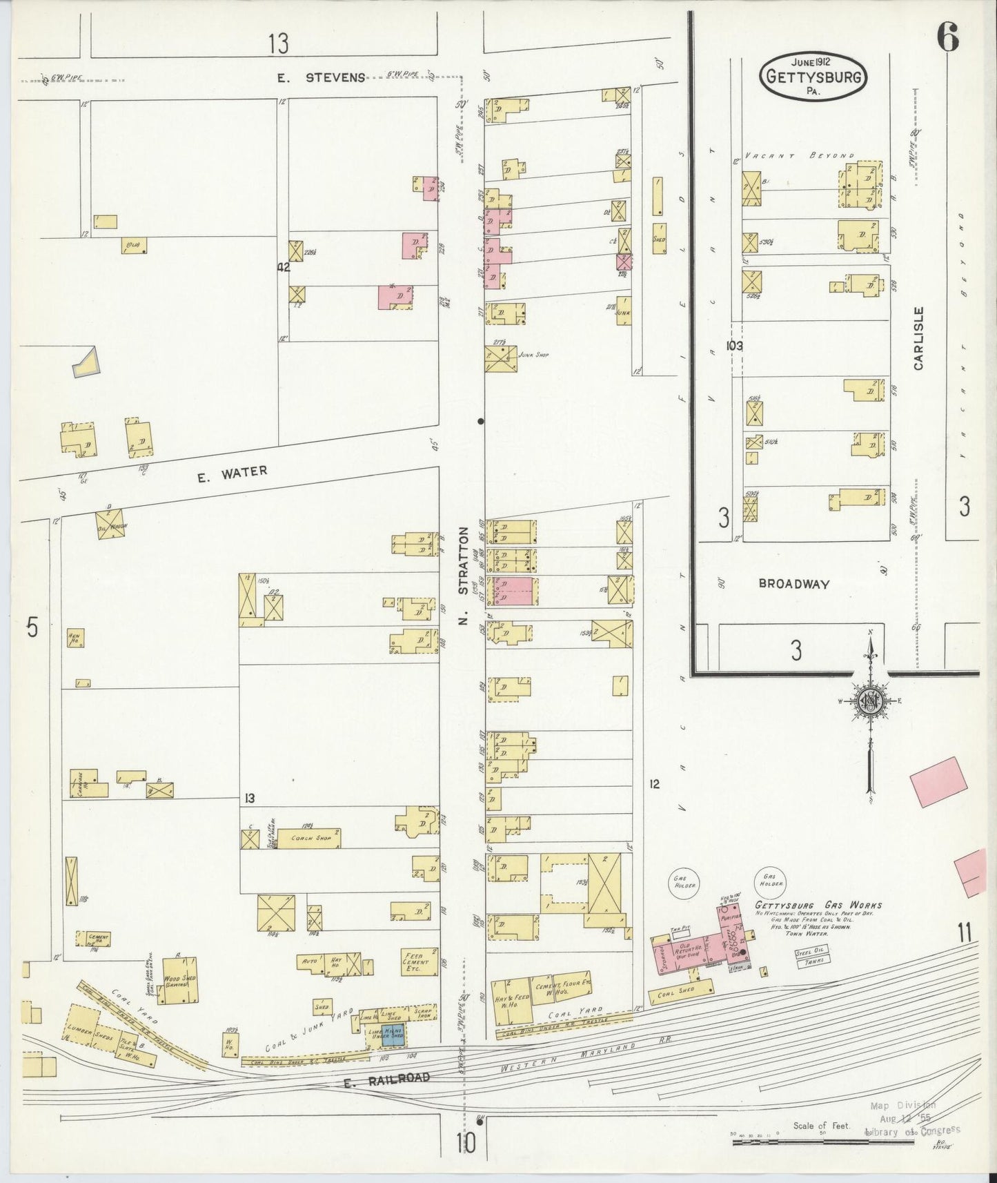 Sanborn Fire Insurance Map from Gettysburg, Adams County, Pennsylvania (1912), Sheet #0006 - Historic Sanborn Fire Insurance Map Print, vintage old map wall art, antique decor, genealogy gift, Pennsylvania Pennsylvania map