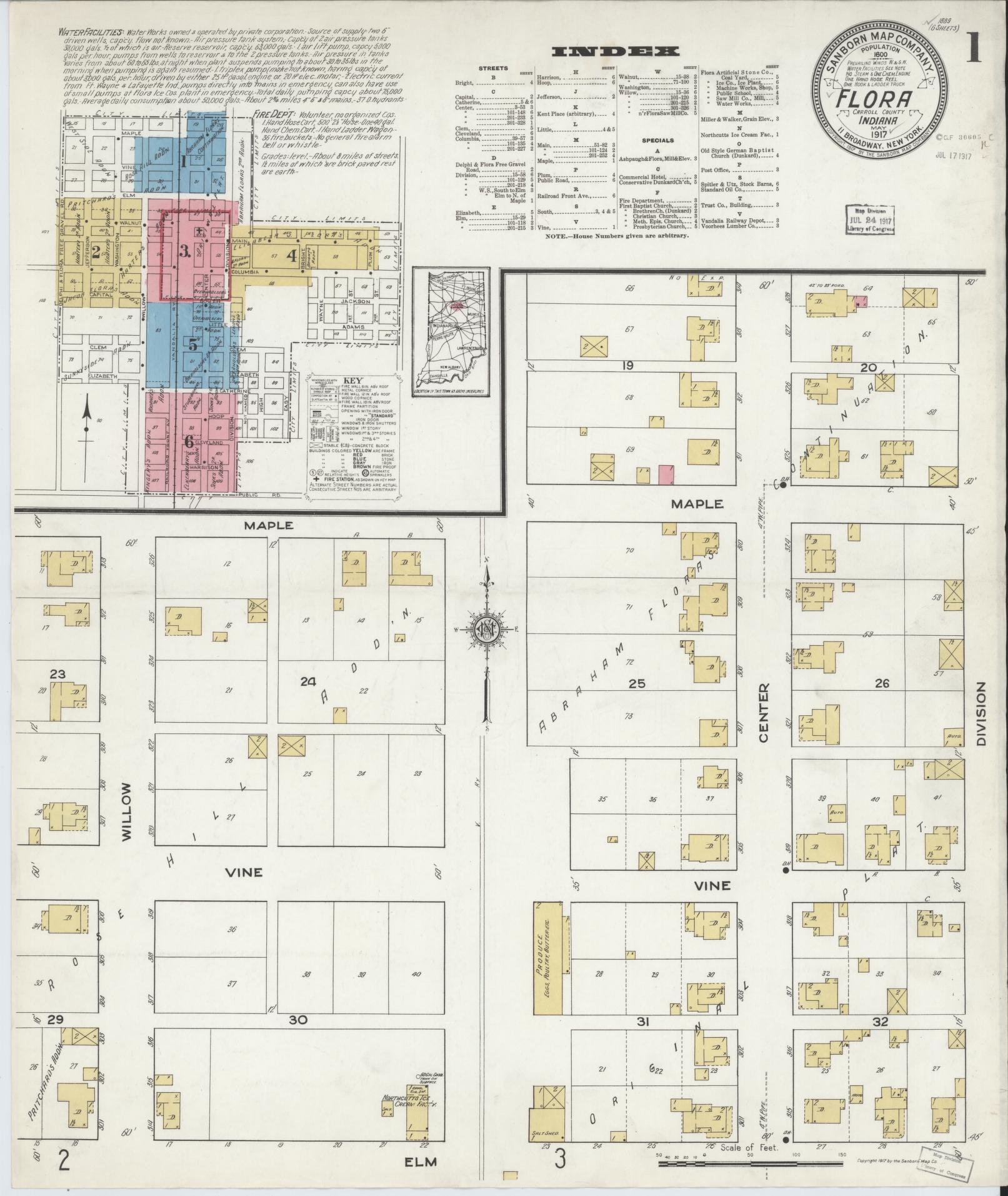 Sanborn Fire Insurance Map from Flora, Carroll County, Indiana (1917), Sheet #0001 - Historic Sanborn Fire Insurance Map Print, vintage old map wall art, antique decor, genealogy gift, Indiana Indiana map