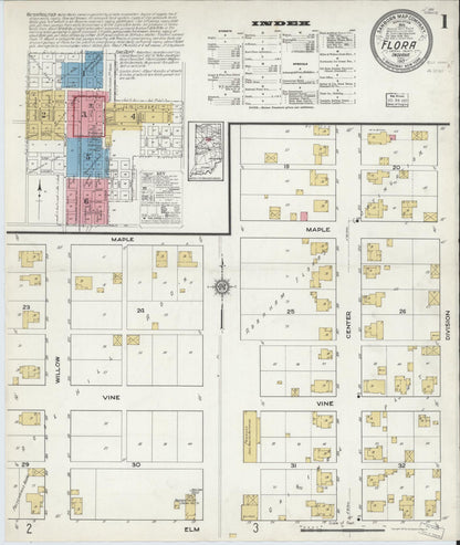 Sanborn Fire Insurance Map from Flora, Carroll County, Indiana (1917), Sheet #0001 - Historic Sanborn Fire Insurance Map Print, vintage old map wall art, antique decor, genealogy gift, Indiana Indiana map