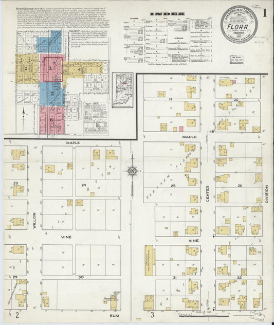 Sanborn Fire Insurance Map from Flora, Carroll County, Indiana (1917), Sheet #0001 - Historic Sanborn Fire Insurance Map Print, vintage old map wall art, antique decor, genealogy gift, Indiana Indiana map