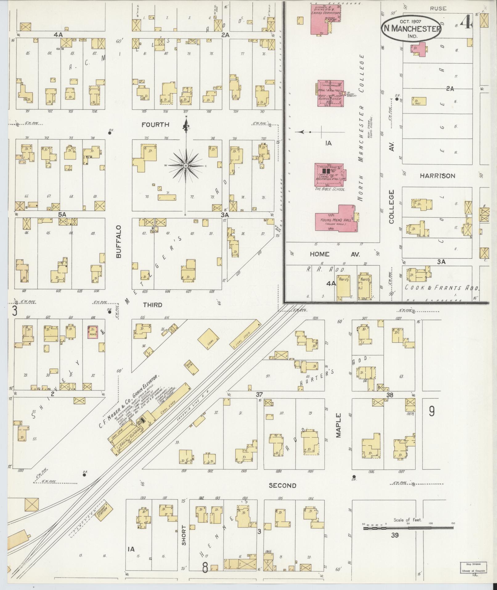 Sanborn Fire Insurance Map from North Manchester, Wabash County, Indiana (1907), Sheet #0004 - Historic Sanborn Fire Insurance Map Print, vintage old map wall art, antique decor, genealogy gift, Indiana Indiana map