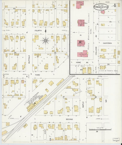 Sanborn Fire Insurance Map from North Manchester, Wabash County, Indiana (1907), Sheet #0004 - Historic Sanborn Fire Insurance Map Print, vintage old map wall art, antique decor, genealogy gift, Indiana Indiana map