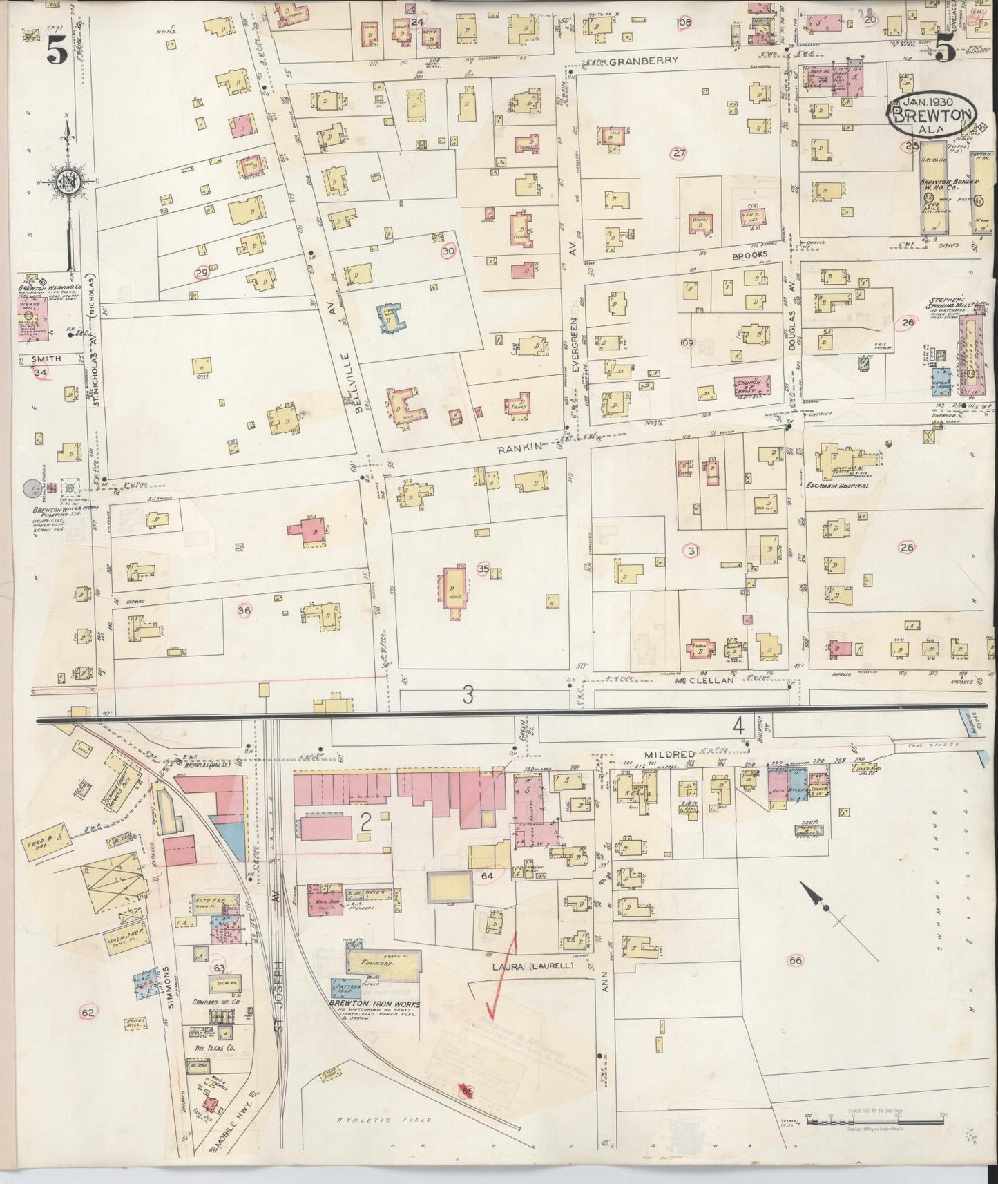 Sanborn Fire Insurance Map from Brewton, Escambia County, Alabama (1949), Sheet #0005 - Historic Sanborn Fire Insurance Map Print, vintage old map wall art, antique decor, genealogy gift, Alabama Alabama map