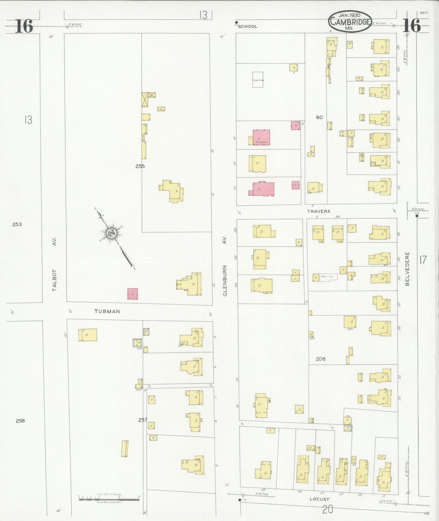 Sanborn Fire Insurance Map from Cambridge, Dorchester County, Maryland (1930), Sheet #0016 - Complete Map Set gallery image, historic Sanborn map, vintage wall art, Maryland Maryland