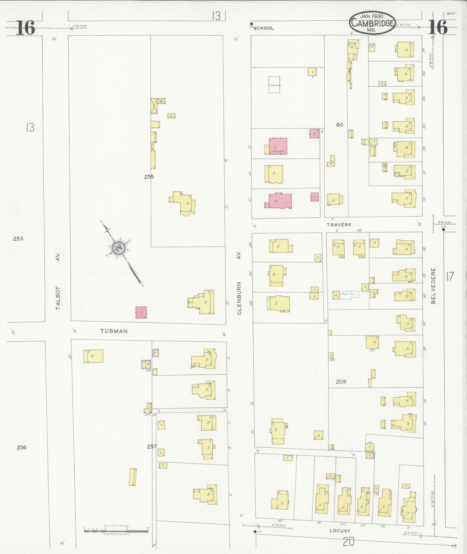 Sanborn Fire Insurance Map from Cambridge, Dorchester County, Maryland (1930), Sheet #0016 - Complete Map Set gallery image, historic Sanborn map, vintage wall art, Maryland Maryland
