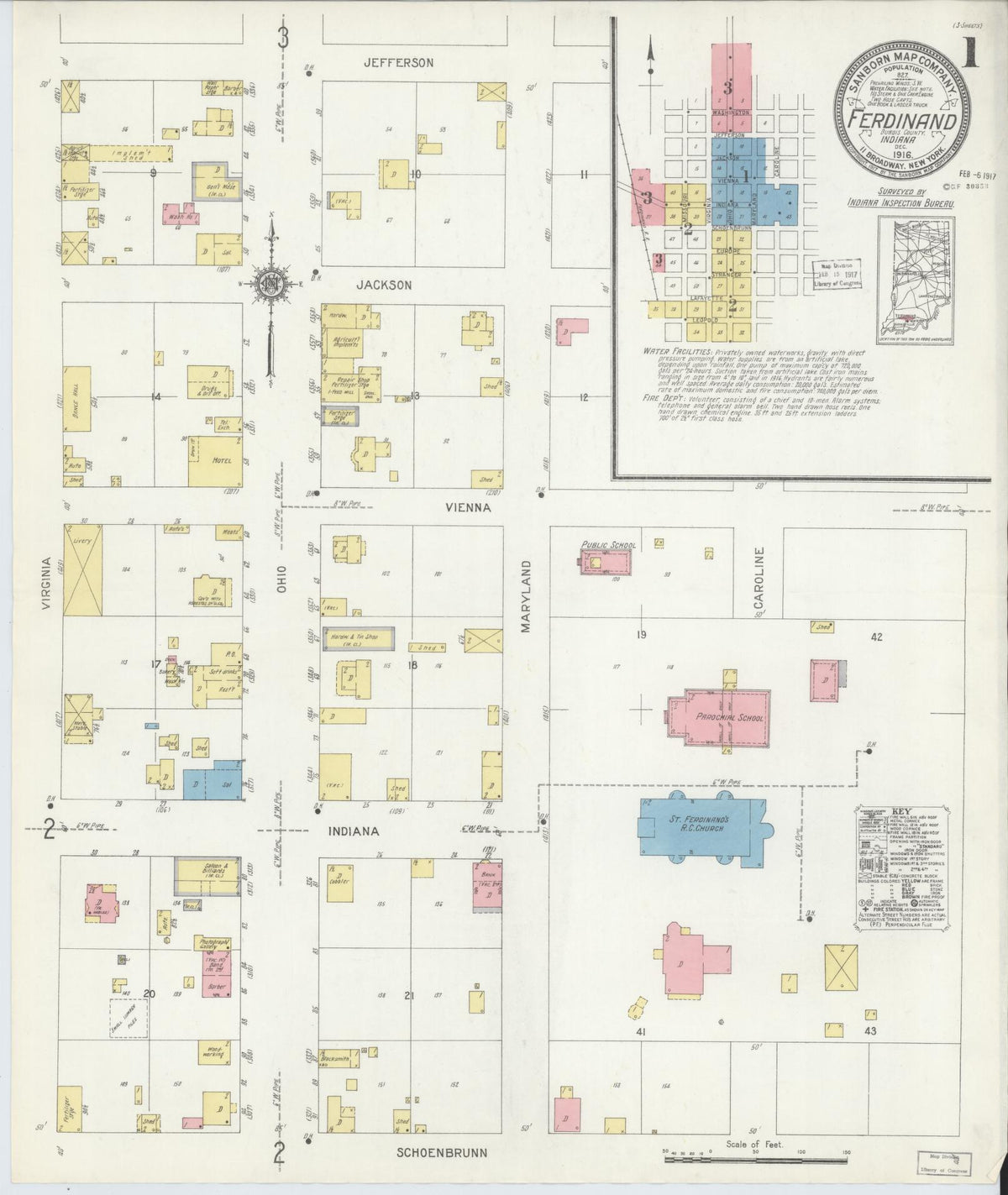 Sanborn Fire Insurance Map from Ferdinand, Dubois County, Indiana (1916), Sheet #0001 - Historic Sanborn Fire Insurance Map Print, vintage old map wall art, antique decor, genealogy gift, Indiana Indiana map