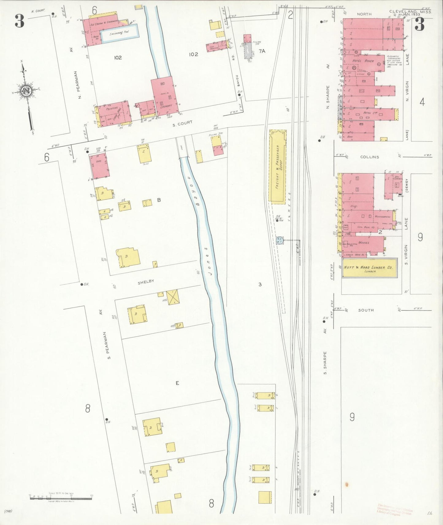 Sanborn Fire Insurance Map from Cleveland, Bolivar County, Mississippi (1933), Sheet #0003 - Historic Sanborn Fire Insurance Map Print, vintage old map wall art, antique decor, genealogy gift, Mississippi Mississippi map